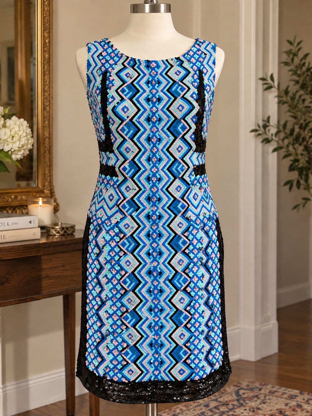 G-LISH 100% Silk Sequin Beaded Geometric Midi Dress Y2K Style, Size Small